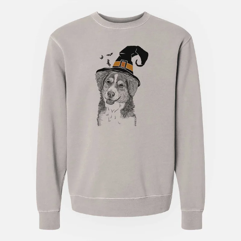 graphic gym sweatshirtWitch Molly the Miniature Bernedoodle - Unisex Pigment Dyed Crew Sweatshirt