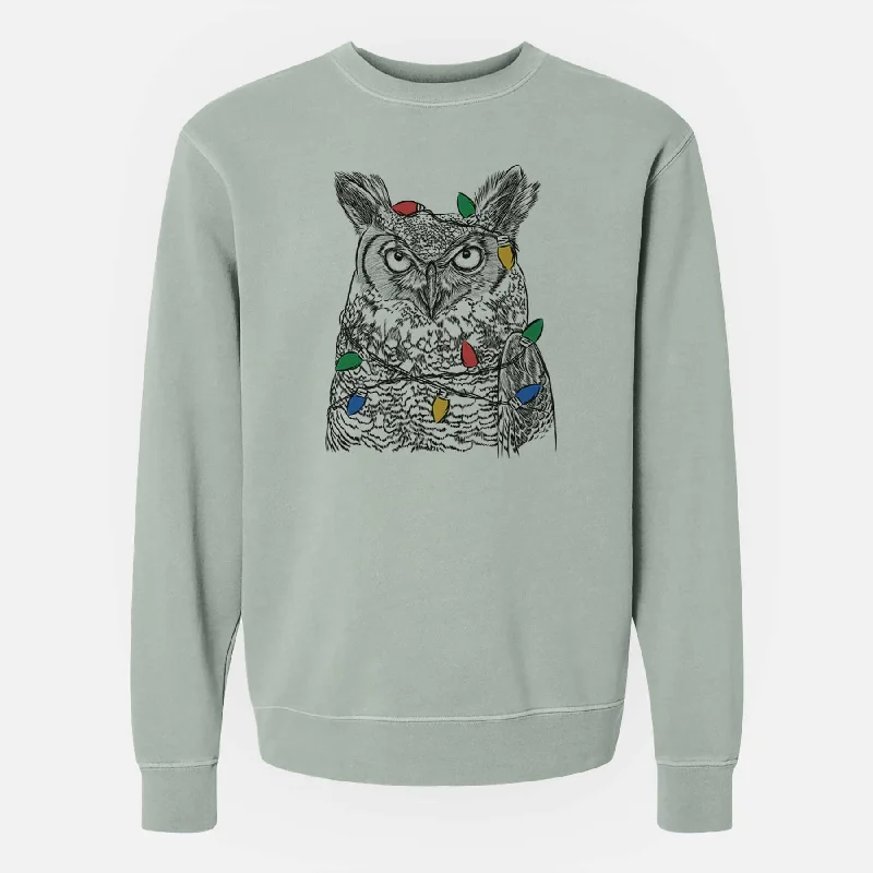 luxe gym hoodieChristmas Lights Ozwald the Grey Horned Owl - Unisex Pigment Dyed Crew Sweatshirt