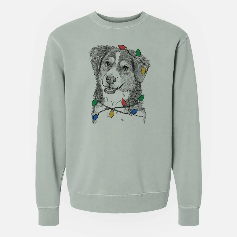 cool workout sweatshirtChristmas Lights Molly the Miniature Bernedoodle - Unisex Pigment Dyed Crew Sweatshirt