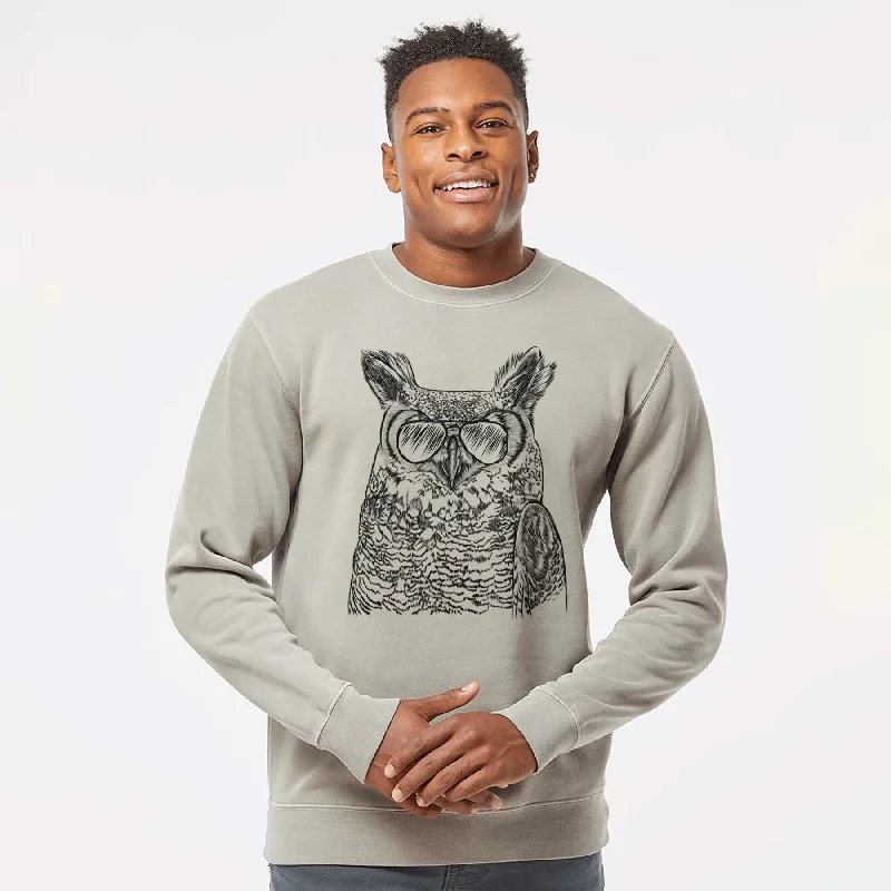 bold workout sweatshirtAviator Ozwald the Grey Horned Owl - Unisex Pigment Dyed Crew Sweatshirt