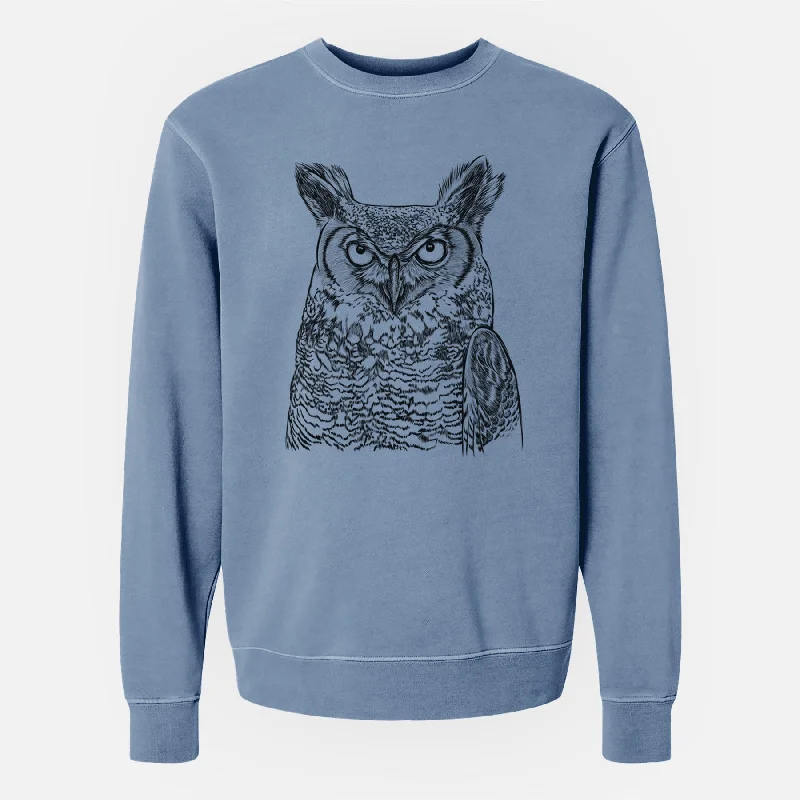 warm athletic hoodieBare Ozwald the Grey Horned Owl - Unisex Pigment Dyed Crew Sweatshirt