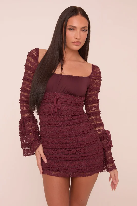 romantic dressWine Lace Long Sleeve Mini Dress - Theo